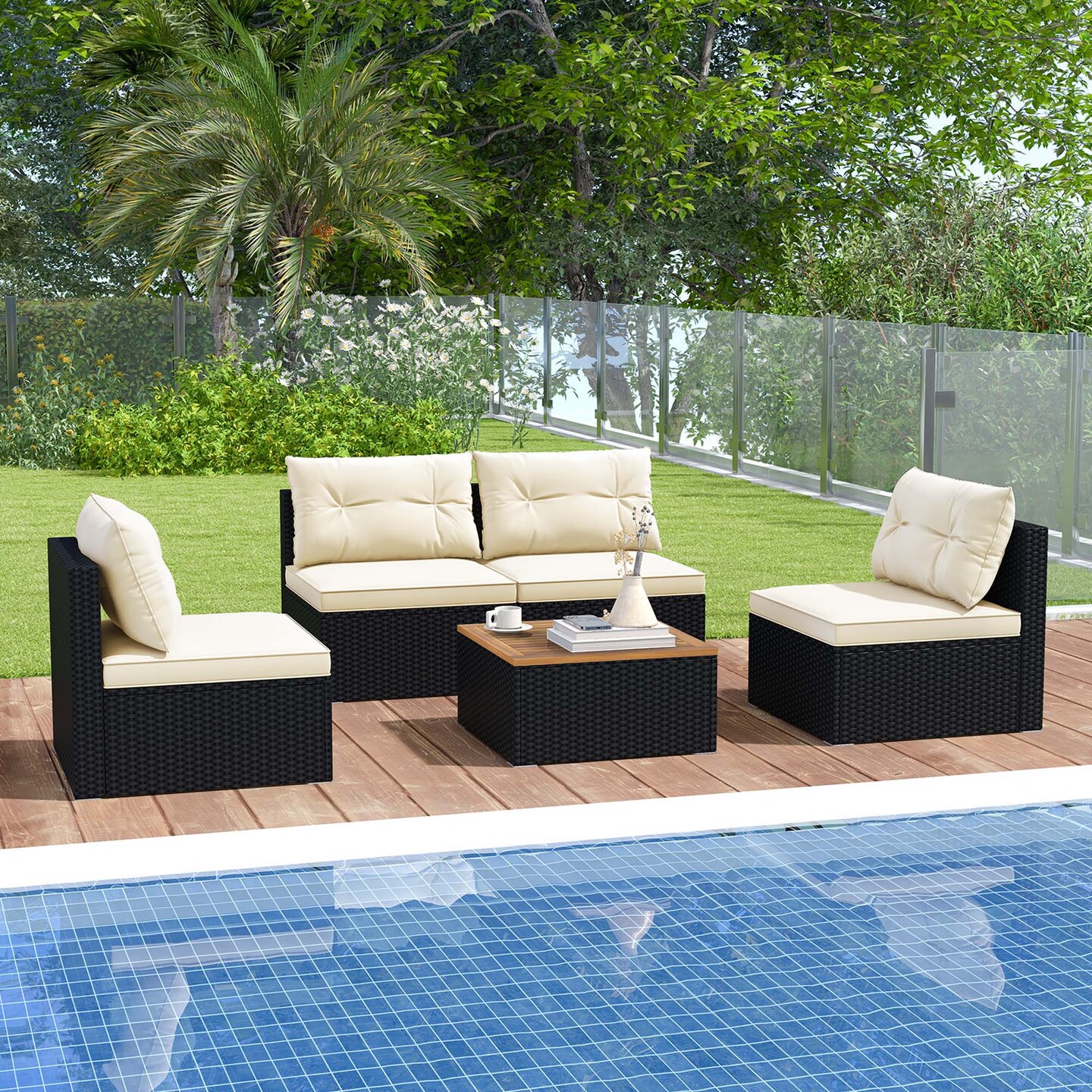 Costway 5 Piece Outdoor Furniture Set with Seat &#x26; Back Cushions Acacia Wood Tabletop