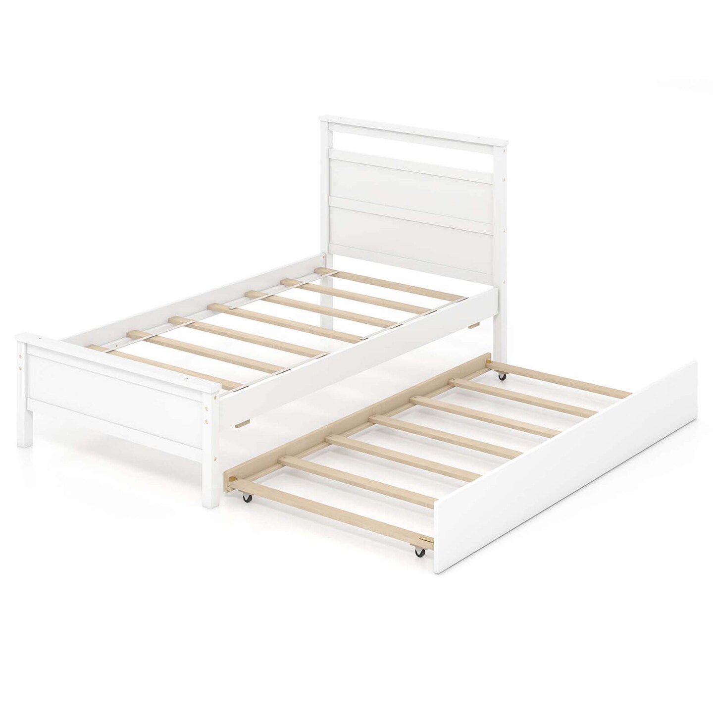 Costway Twin Size Platform Bed with Trundle Pull-out Trundle Headboard & Footboard Gray/White
