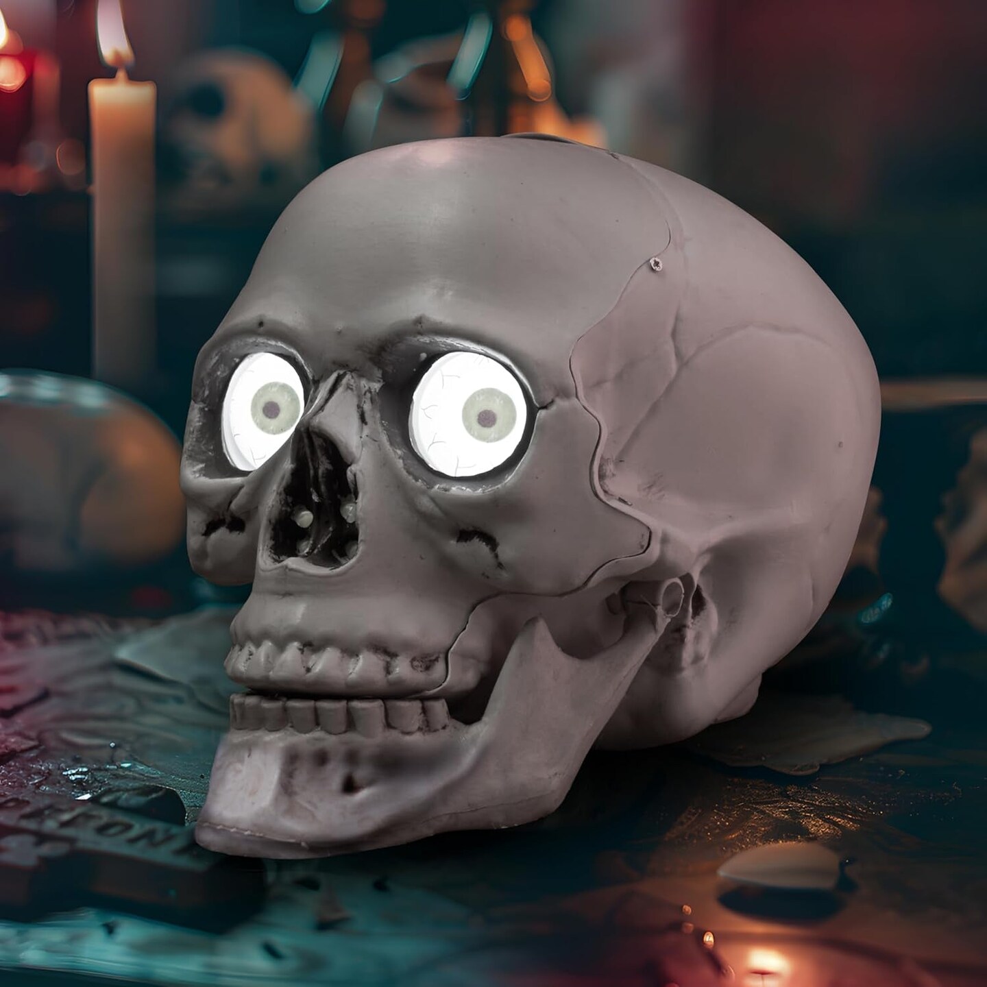 Skull Halloween Decorations Indoor Table Desk Home Decor Haunted House Halloween Animatronics Sound Activated LED Lights up Eyes Party Supplies Animated Skull Scary Moving Eyeballs