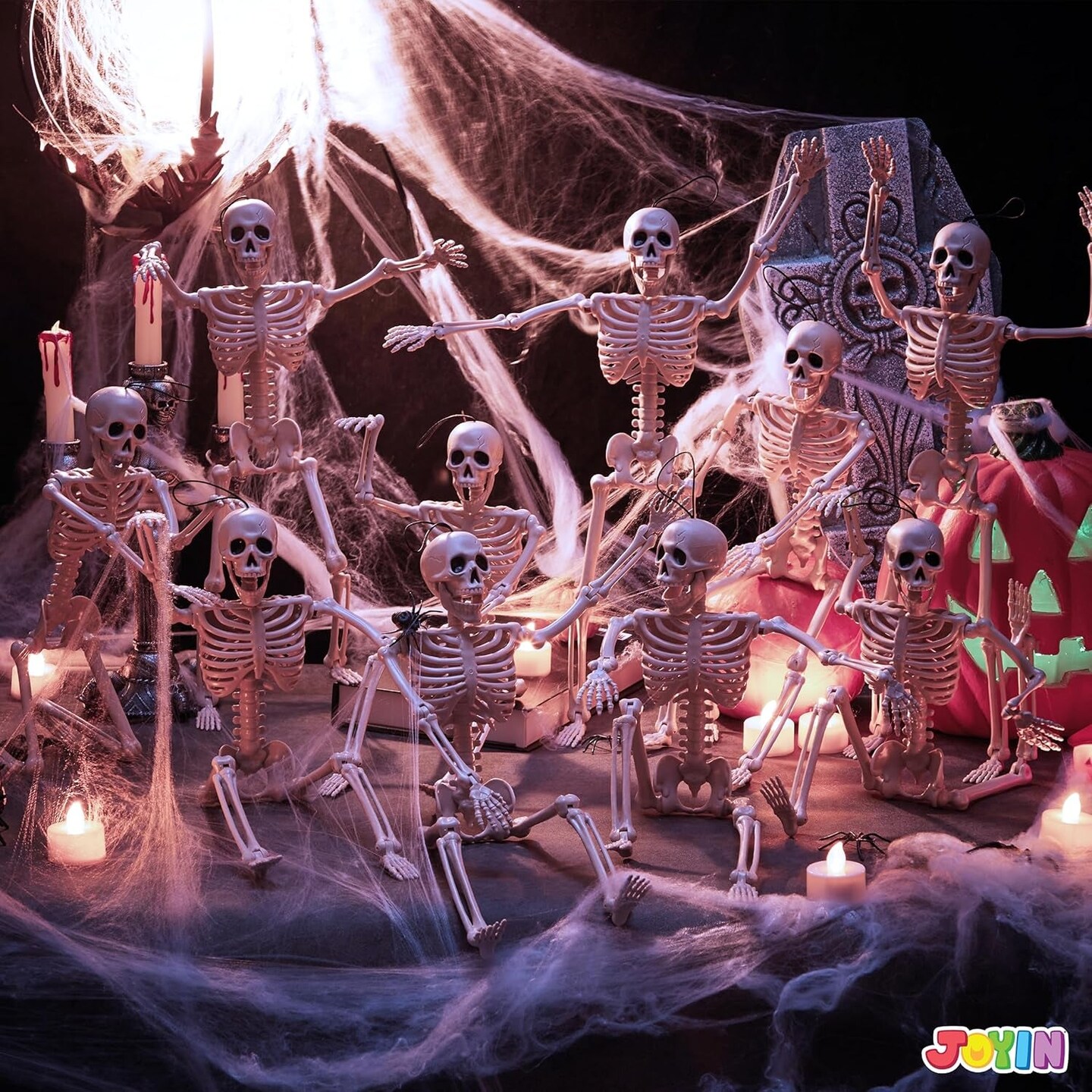 10 PCS 16 Inches Halloween Hanging Skeletons Full Body Skeletons Realistic Human Plastic Bones with Posable Joints for Halloween Indoor Outdoor Party Decor, Graveyard Decorations
