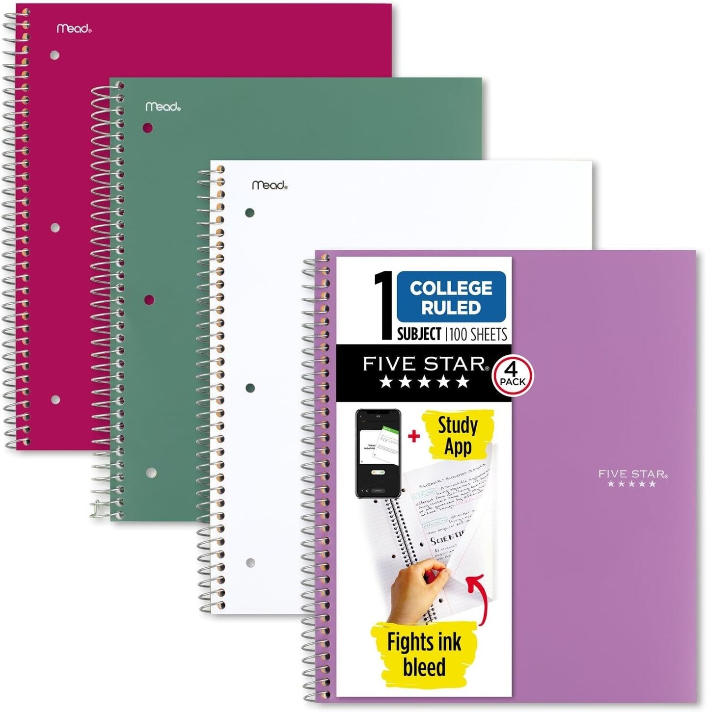 Spiral Notebooks + Study App, 4 Pack, 1 Subject, College Ruled Paper, 8-1/2&#x22; X 11&#x22;, 100 Sheets, Purple, Pink, White, Green (820337-ECM)