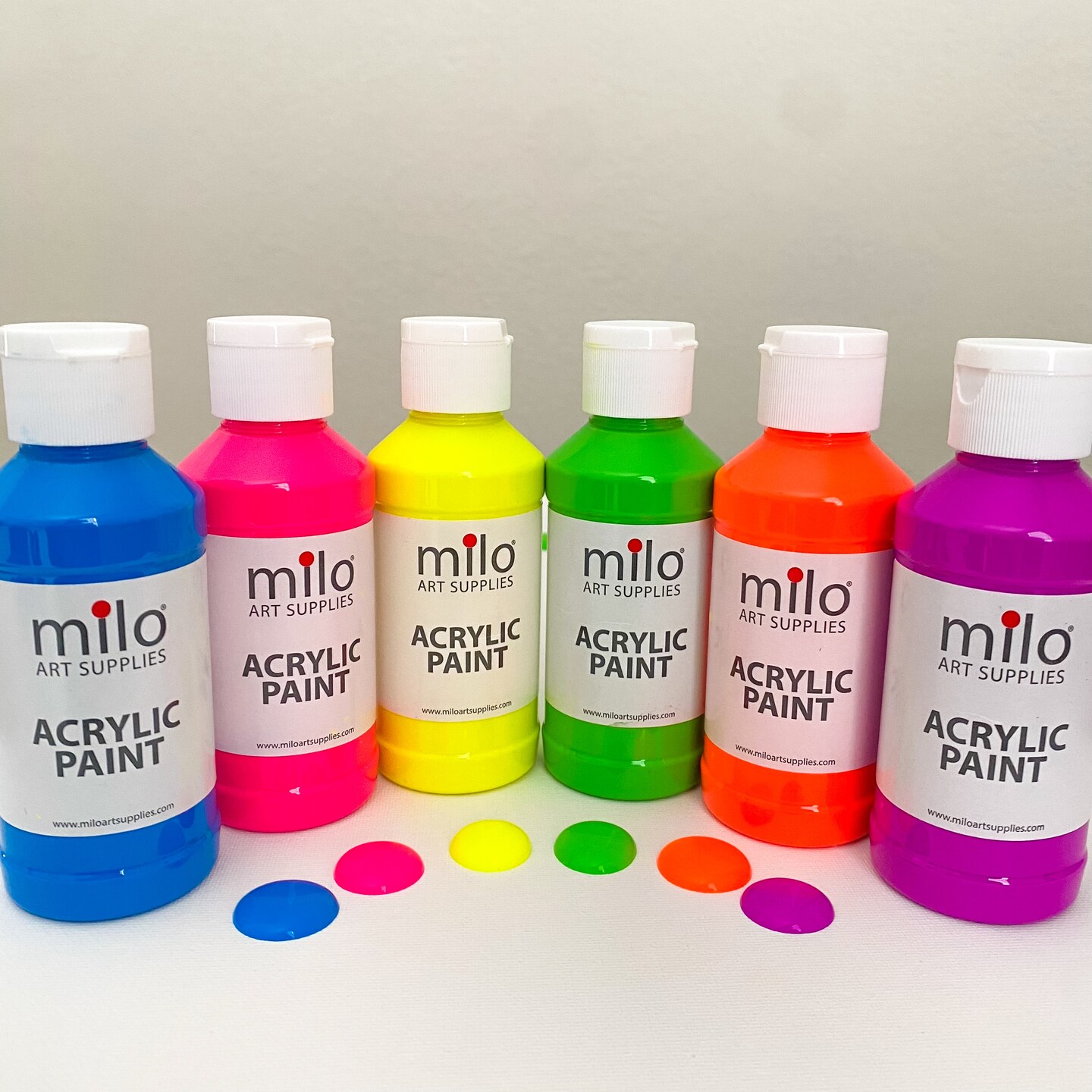 milo Fluorescent Acrylic Paint Set of 6 Colors | 4 oz Bottles | Student Neon Colors Acrylics Painting Pack | Made in the USA | Non-Toxic Art &#x26; Craft Paints for Artists, Kids, &#x26; Hobby Painters