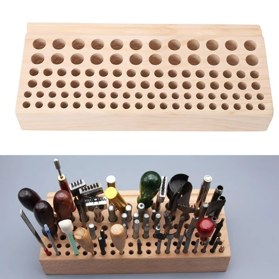 98 Holes Leather Craft Rack Wooden Holder Organizer Stand Punch Storage DIY Tool