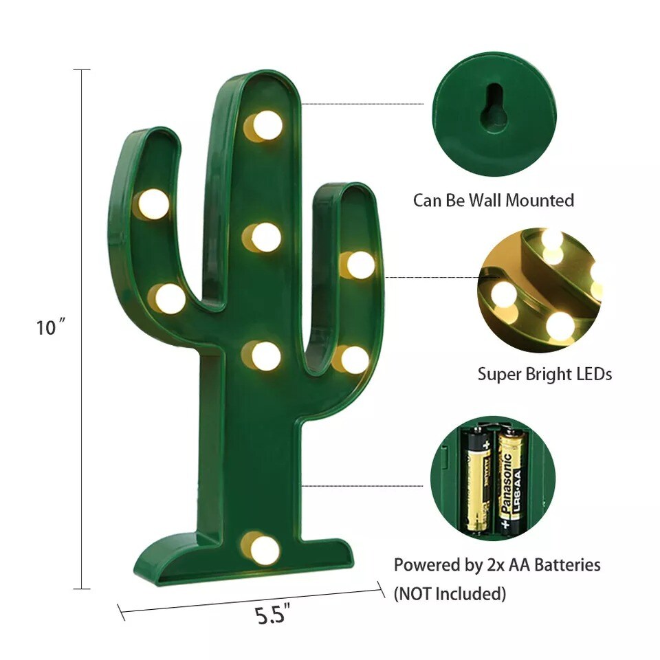 Novelty Place Designer Cactus Marquee Sign Lights Warm White LED Lamp