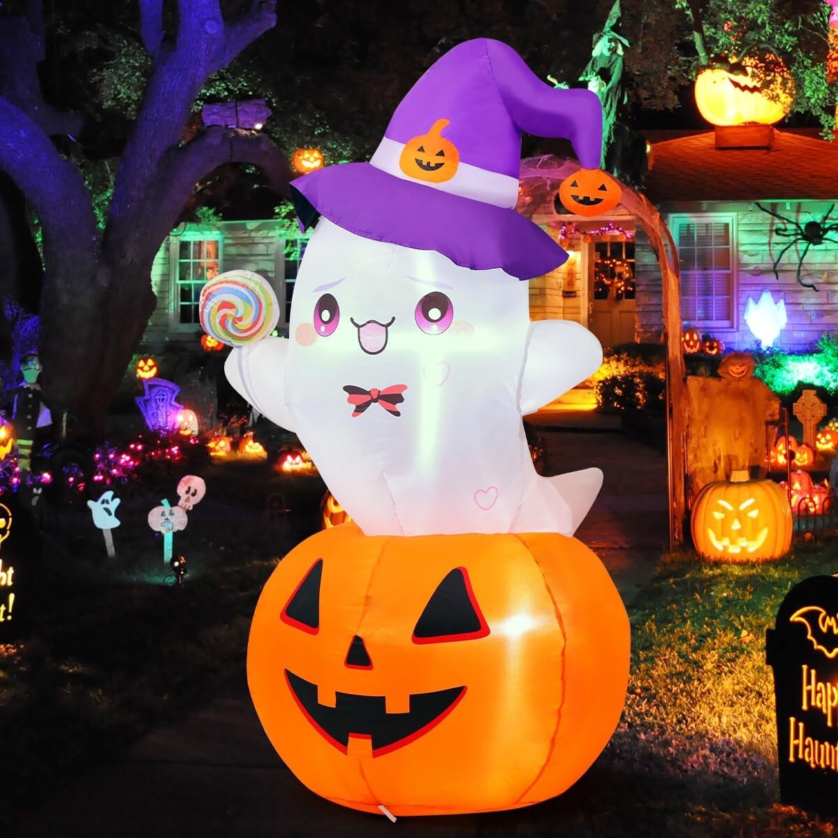 5 FT Halloween Inflatables Ghost Outdoor Decorations Blow up Yard Cute Ghost Sitting on Pumpkin Helding a Lollipop with Built-In Leds for Garden Lawn Indoor Party Decor