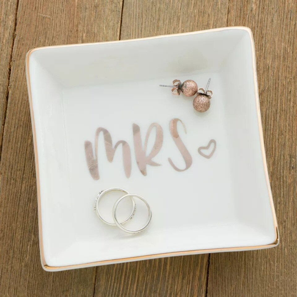 Mrs. Ring Dish, Ceramic Jewelry Holder Tray, Engagement Wedding Gift (Square)