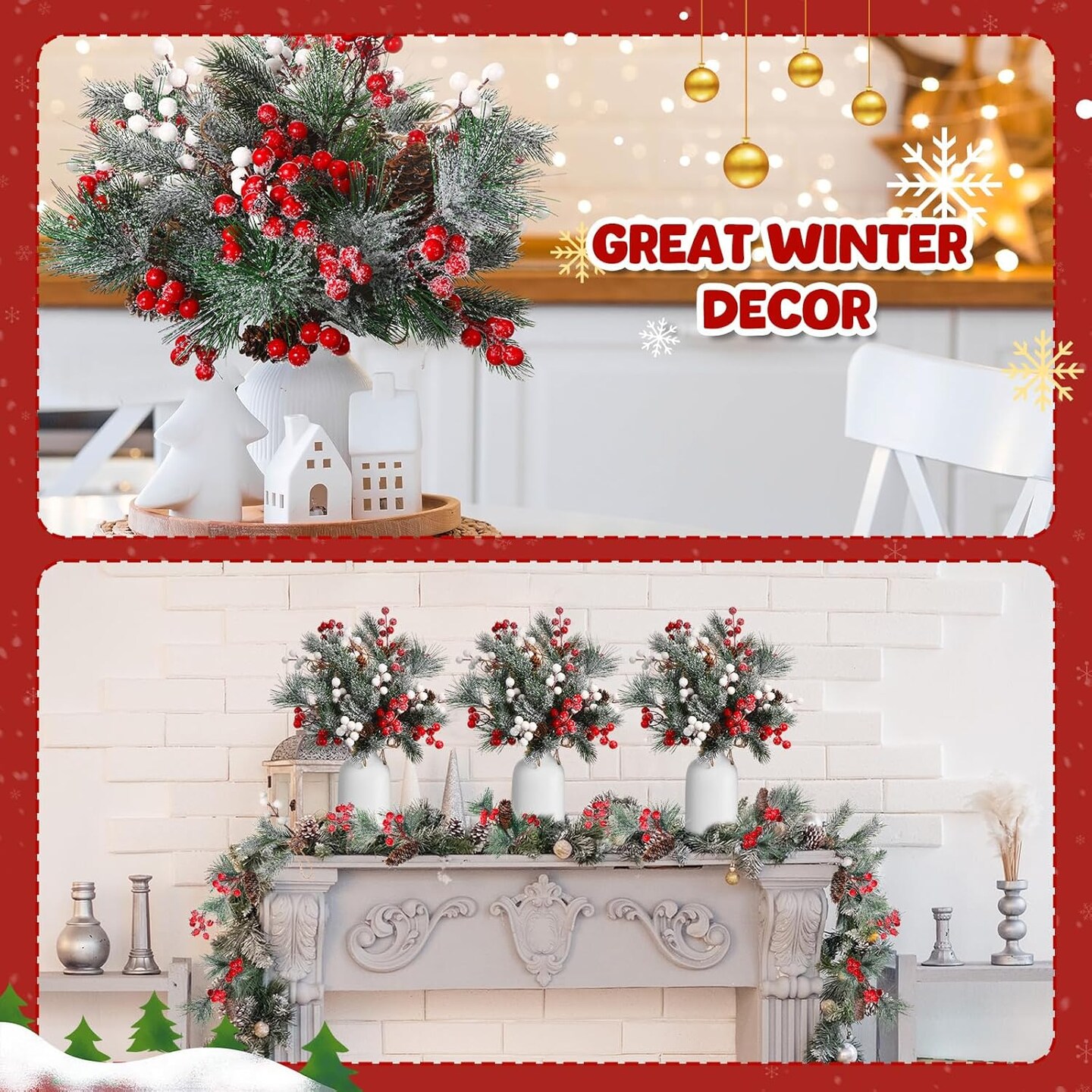 36 PCS Christmas Artificial Pine Branches (Red, Green, Brown, White) 3.93 x 2.55 x 2.55