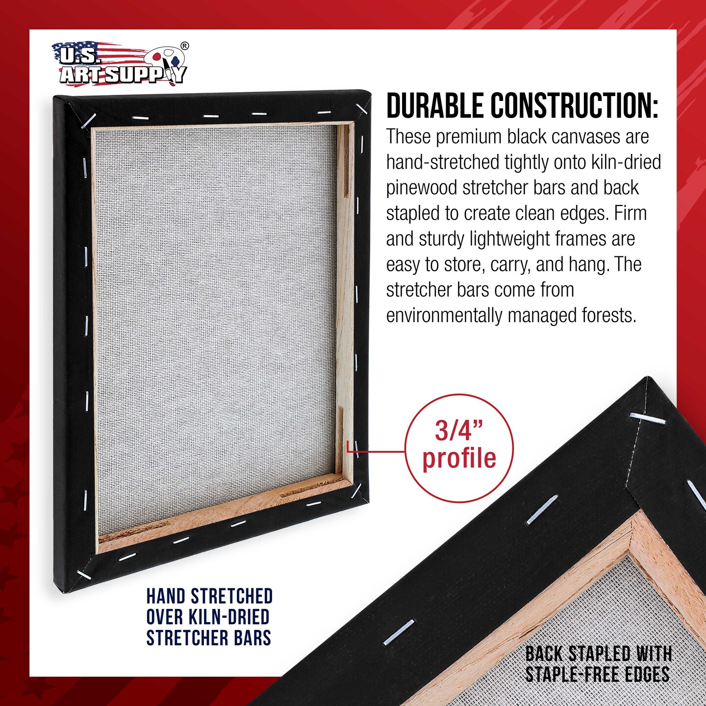 18 x 24 inch Black Stretched Canvas 12-Ounce Primed, 4-Pack - Professional Artist Quality 3/4&#x22; Profile, 100% Cotton, Heavy-Weight, Gesso