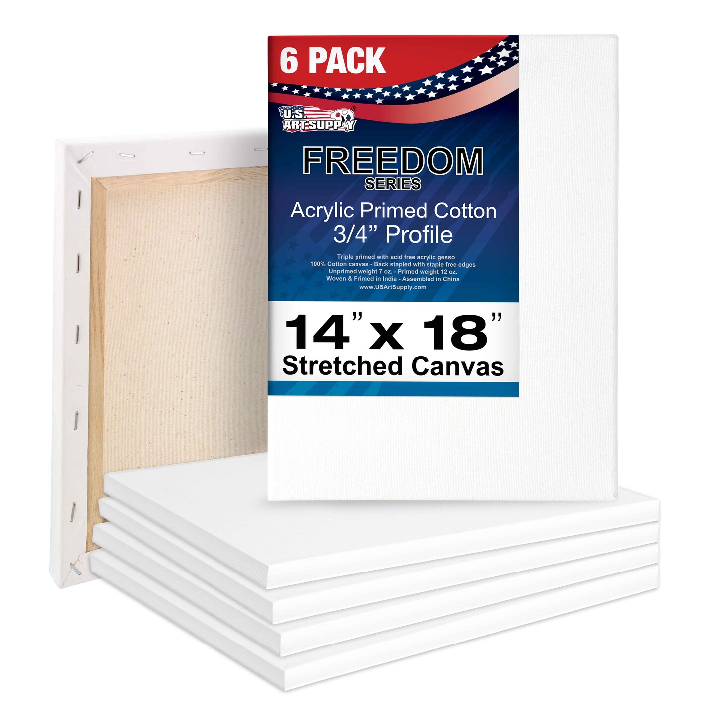 14 x 18 inch Stretched Canvas 12-Ounce Triple Primed, 6-Pack - Professional Artist Quality White Blank 3/4&#x22; Profile, 100% Cotton, Heavy-Weight Gesso