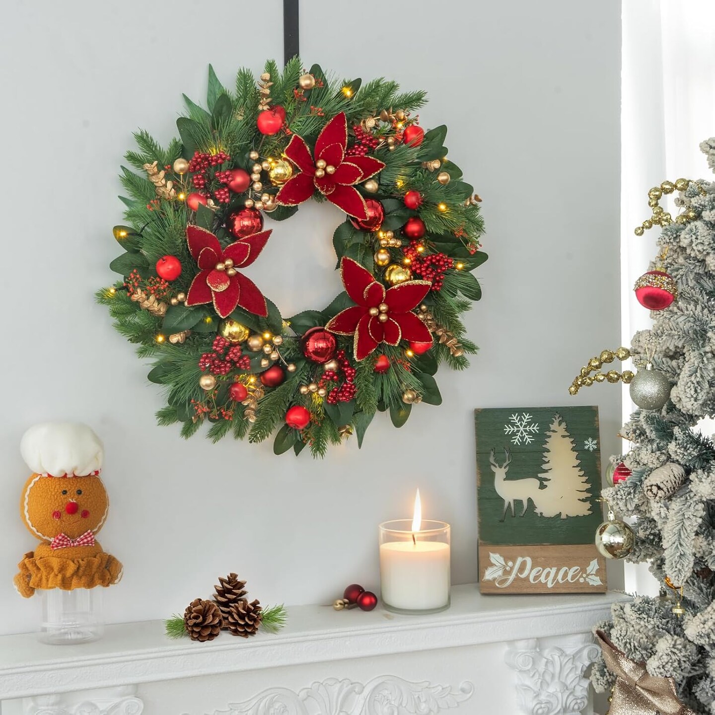 Christmas Wreaths for Front Door- 24 Inch Outdoor Prelit Christmas (Red) 5&#x22;D x 24&#x22;W x 24&#x22;H