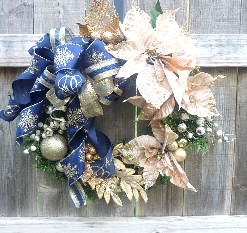 Navy Blue and Champagne Poinsettia Wreath, Holiday Door Decor