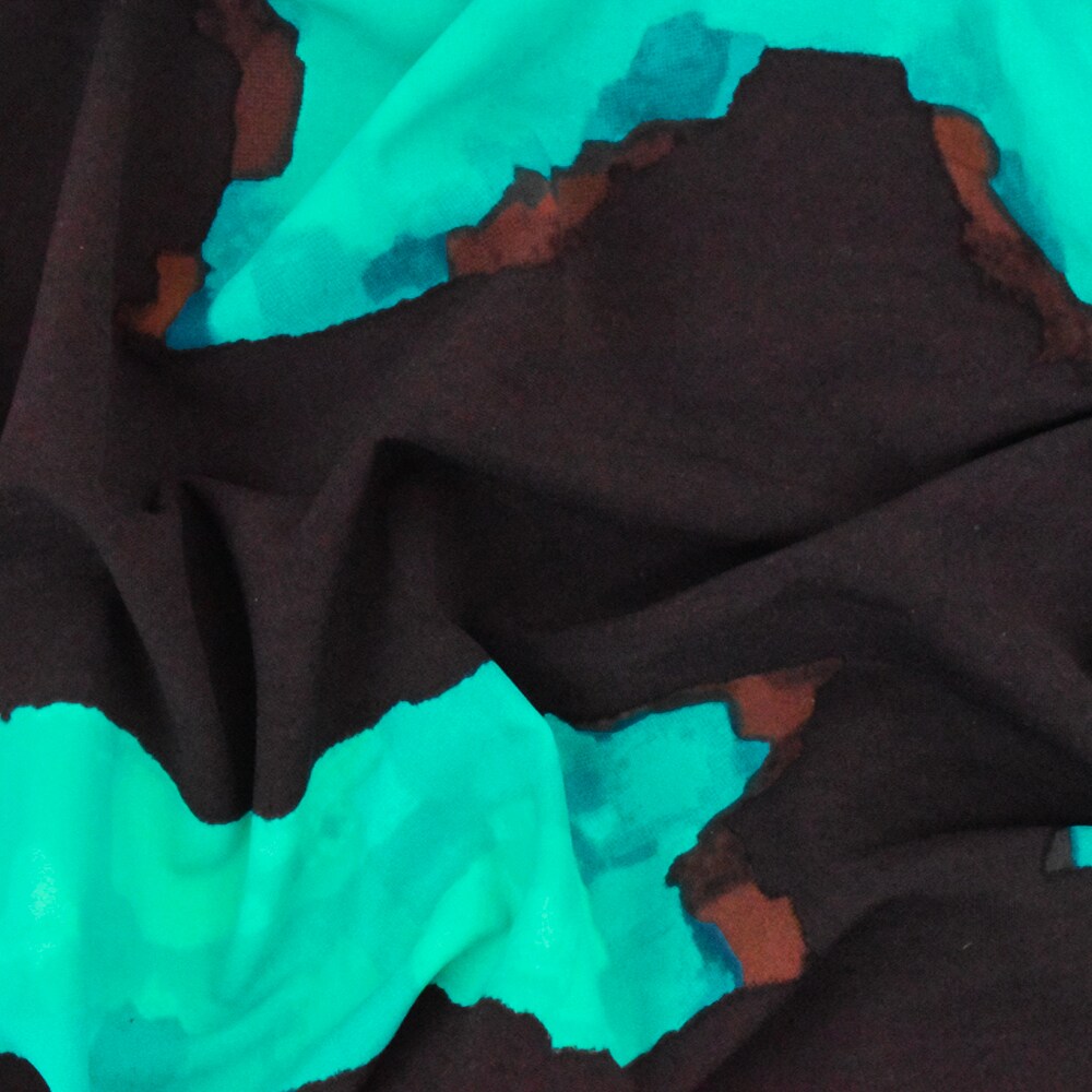 Turquoise-Black-Brown Abstract Printed Swimwear Stretch Tricot Knit Fabric By the Yard