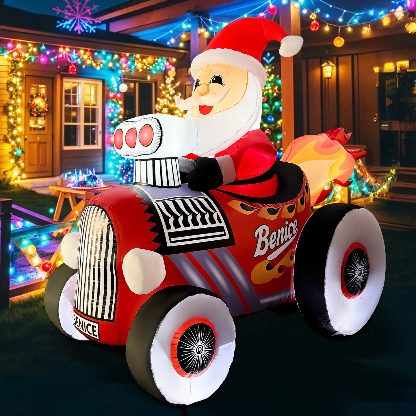 GOOSH 8FT Santa in Hot Rod Inflatable with LED Lights for Outdoor Christmas Yard Décor