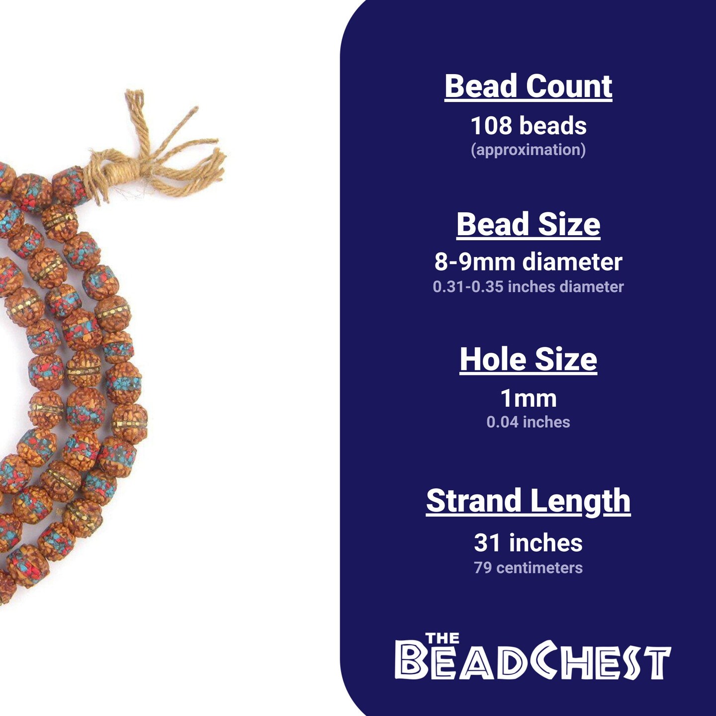 The Bead Chest Mala Meditation Beads - 108 Inlaid Prayer Beads for Yoga, Necklace, Jewelry (8mm, Rudraksha)