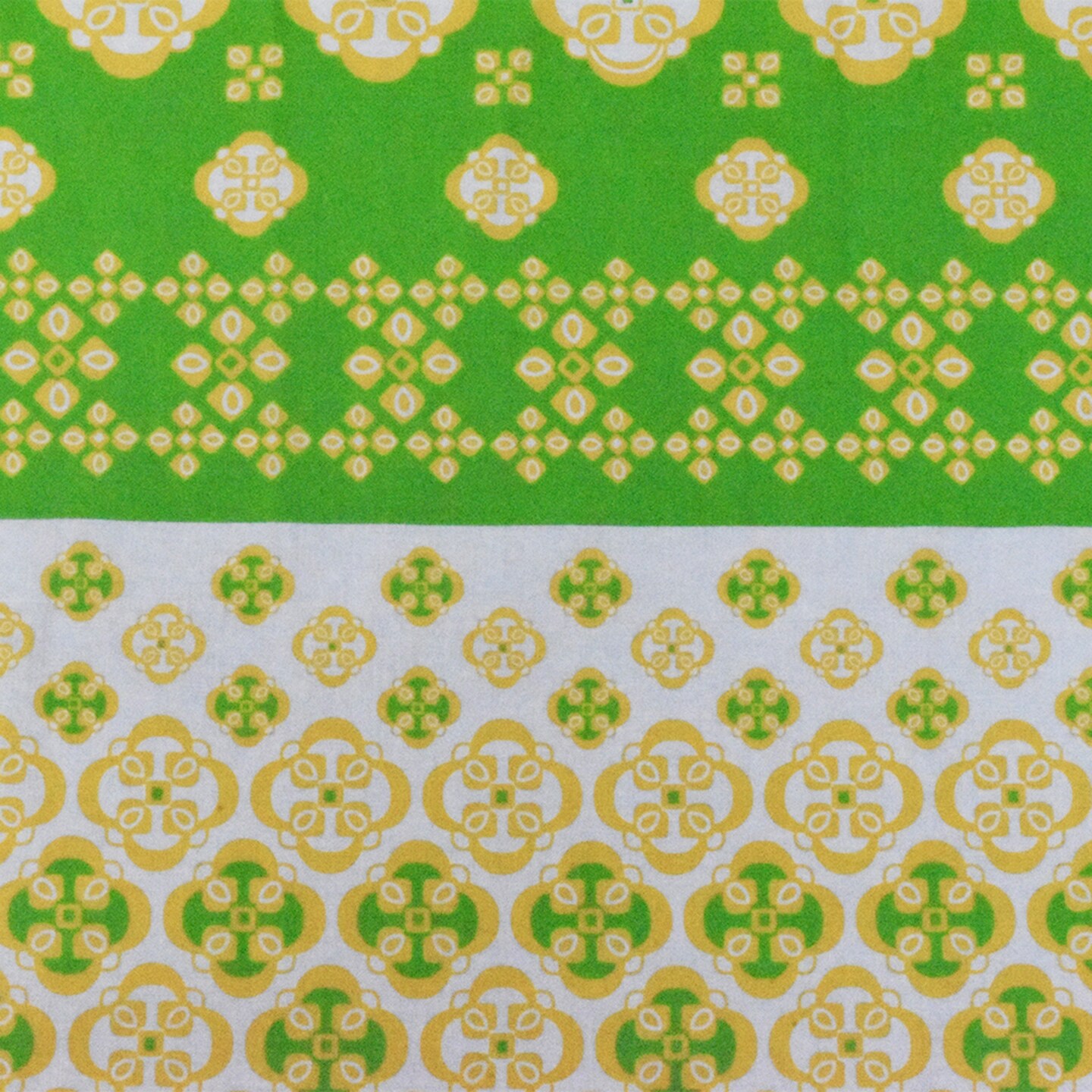 Ivory-Yellow-Green Striped Quatrefoil Printed Cotton Voile Woven Fabric By the Yard