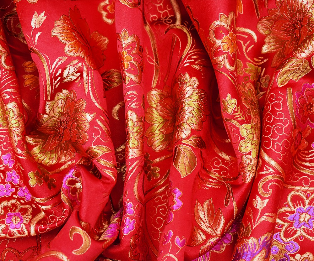 Red-Beige-Multi Polyester Floral Chinese Brocade Woven Fabric By the Yard