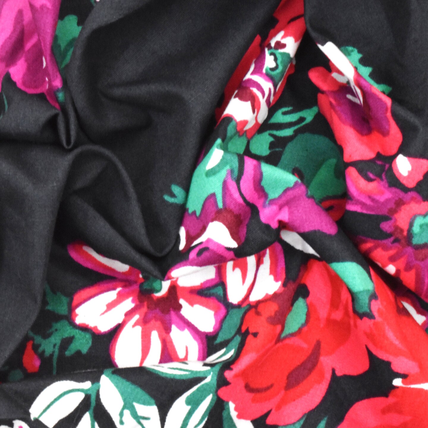 Ink Black-Red-Multi Floral Printed Stretch Broadcloth Woven Fabric By the Yard