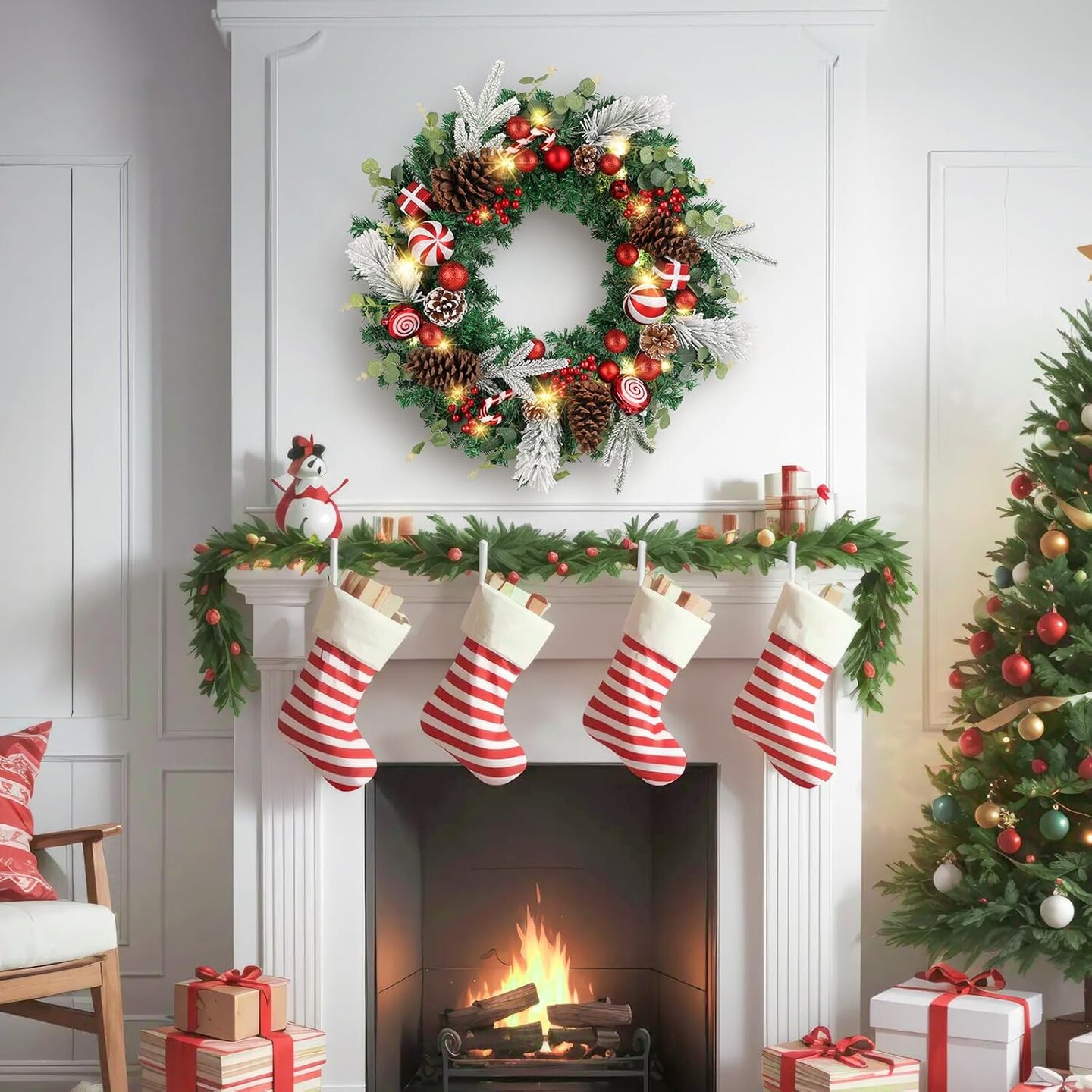 24 Inch Prelit Xmas Wreath with Lights (White) 20"D x 20"W x 4"H