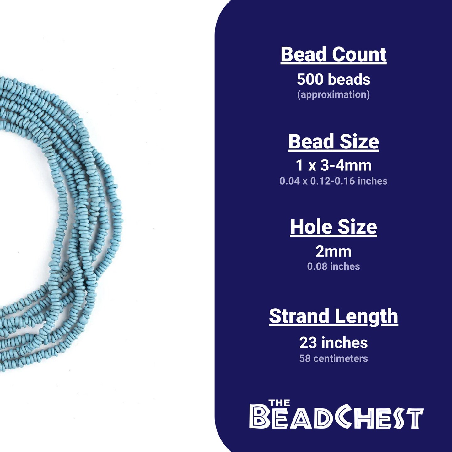 The Bead Chest Sky Blue 4mm Glass Heishi Beads - 23&#x22; Strand of Indonesian Java Spacer Beads for Crafts &#x26; Jewelry Making