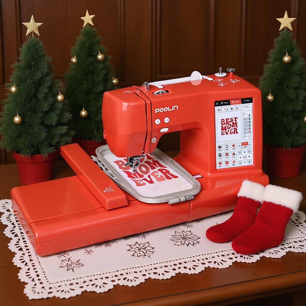 Poolin EOC05-RE Computerized Embroidery Machine 9.2x4" Big Area, 7" Touch Screen, Wifi with embroidery starter Kit Software availble for Business DIY Lovers & Christmas Gift