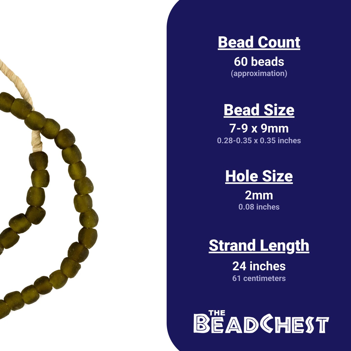 The Bead Chest African Recycled Glass Beads – Handmade in Ghana – Olive Green 9mm Strand for Jewelry Making, Crafts, and Home Decor I Approximately 60 Beads