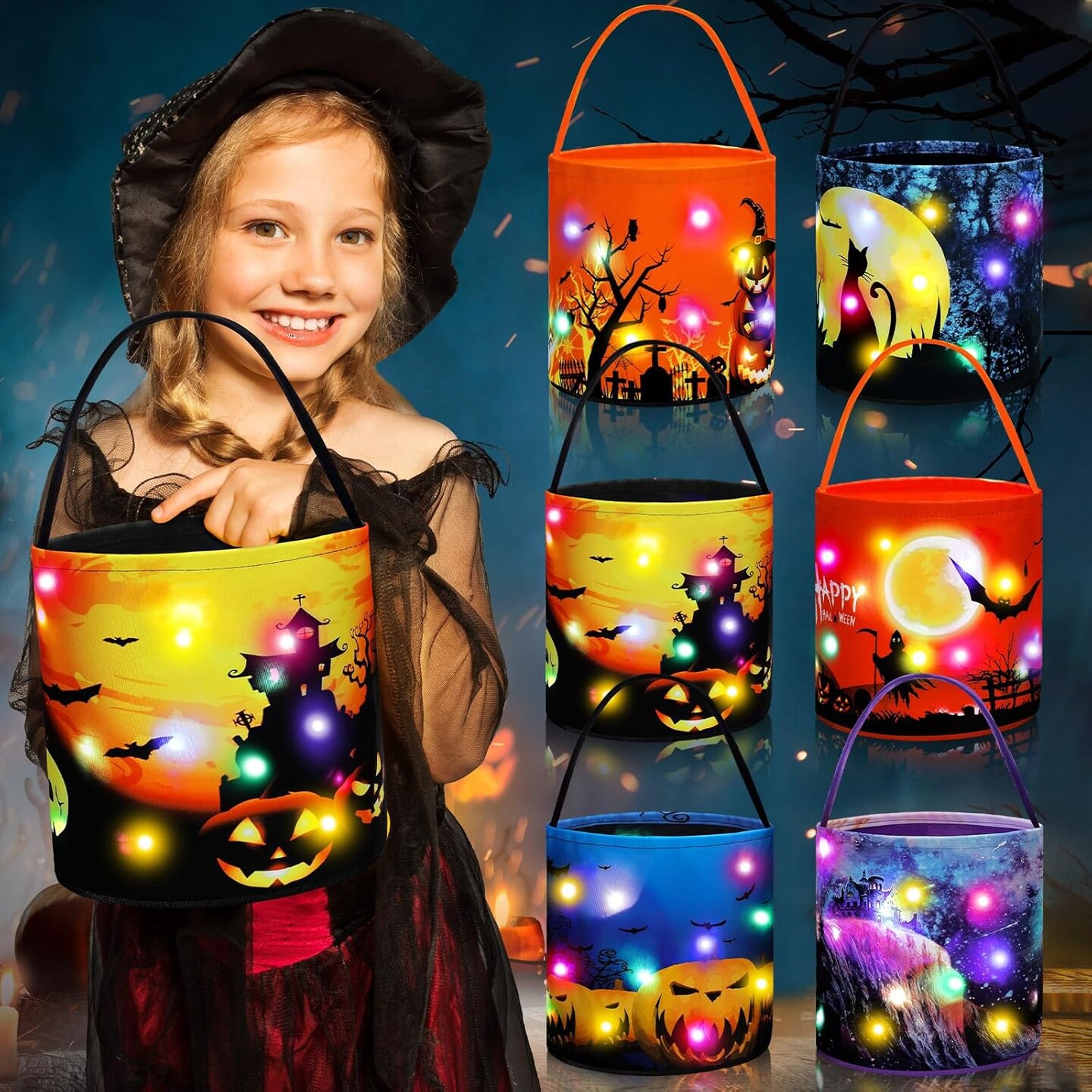 6 Pcs Halloween Trick or Treat Bucket (Multicolor) - 14.25 x 11.54 x 2. ...