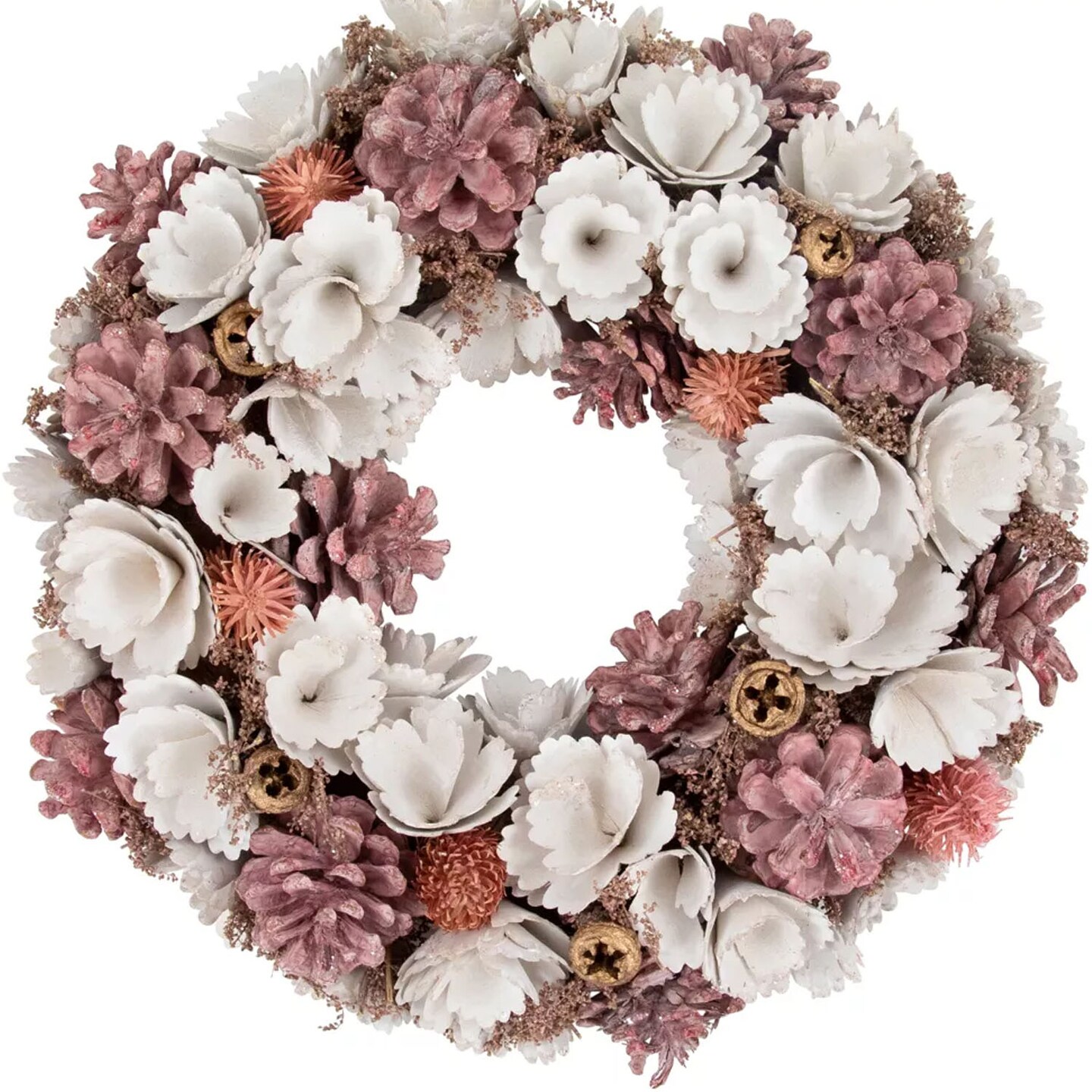 13" White and Pink Floral Christmas Wreath with Wooden Accents and Pinecones