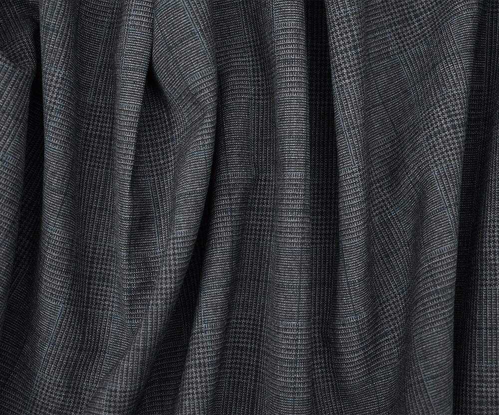 Gray-Blue-Black Polyester Wool Glen Plaid Check Shirting Woven Fabric By the Yard