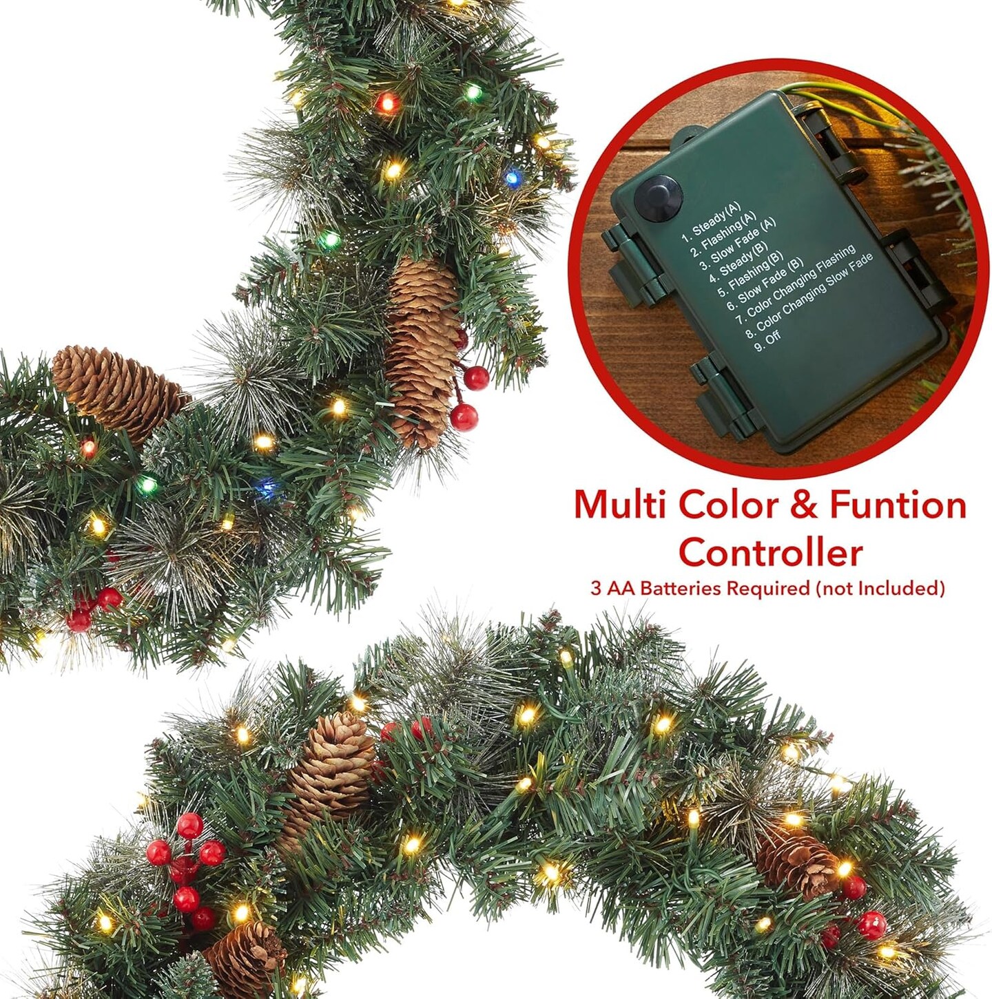 Pre-Lit Artificial Christmas Wreath for Front Door (Green Pinecones White Lights) 2.75"D x 24"W x 24"H