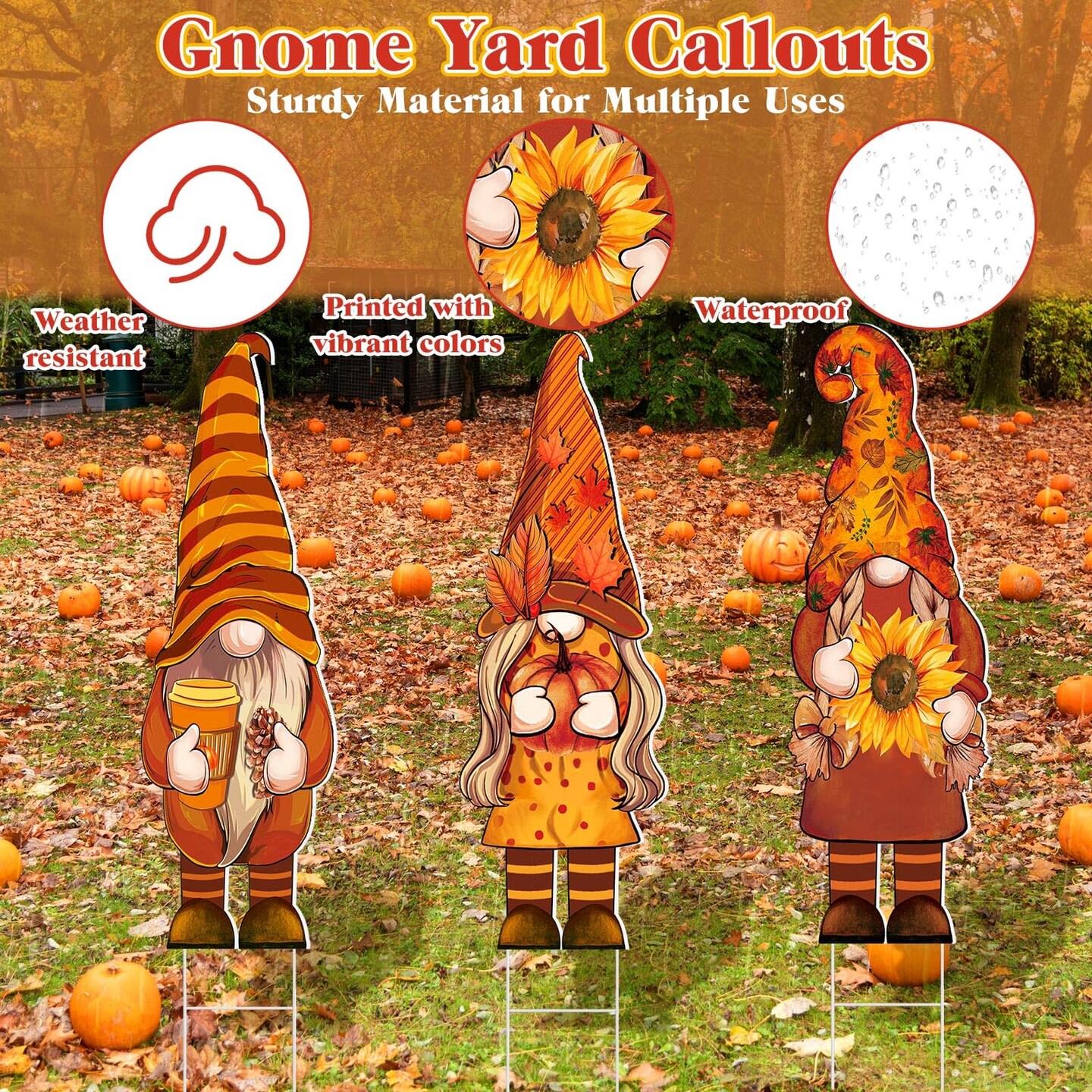 3 Pcs Thanksgiving Yard Decor Cute Fall Gnome Yard Sign with Stakes 32 x 10 Inch Autumn Gnome Outdoor Lawn Decor, Outside Thanksgiving Garden Decoration for Home Pathway Walkway