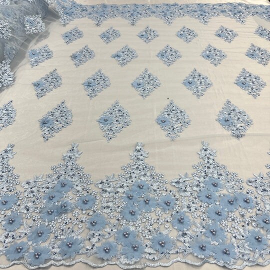 1 Yard Beaded 3D Floral Lace Fabric Embroidered on 100% Polyester Net Mesh