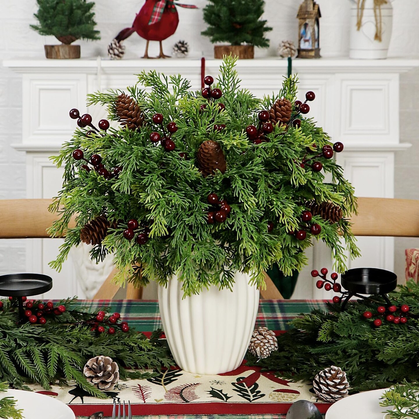 45 Pcs Artificial Pine Stem Berry Pinecones Set (Red Berry) 1"D x 1"W x 1"H