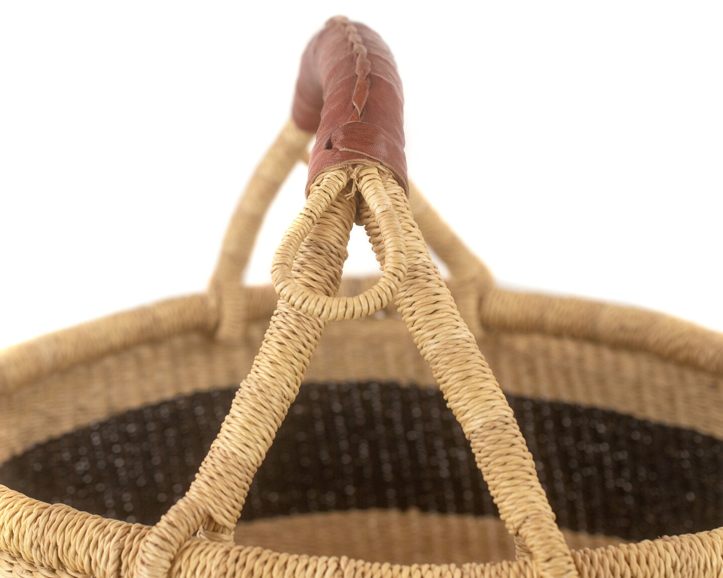 African Bolga Basket | Genuine Leather Handle | Woven Handmade Fair Trade Product | 100% Authentic Ghanaian | 16-18 Inches Across | Black - Striped | The Bead Chest