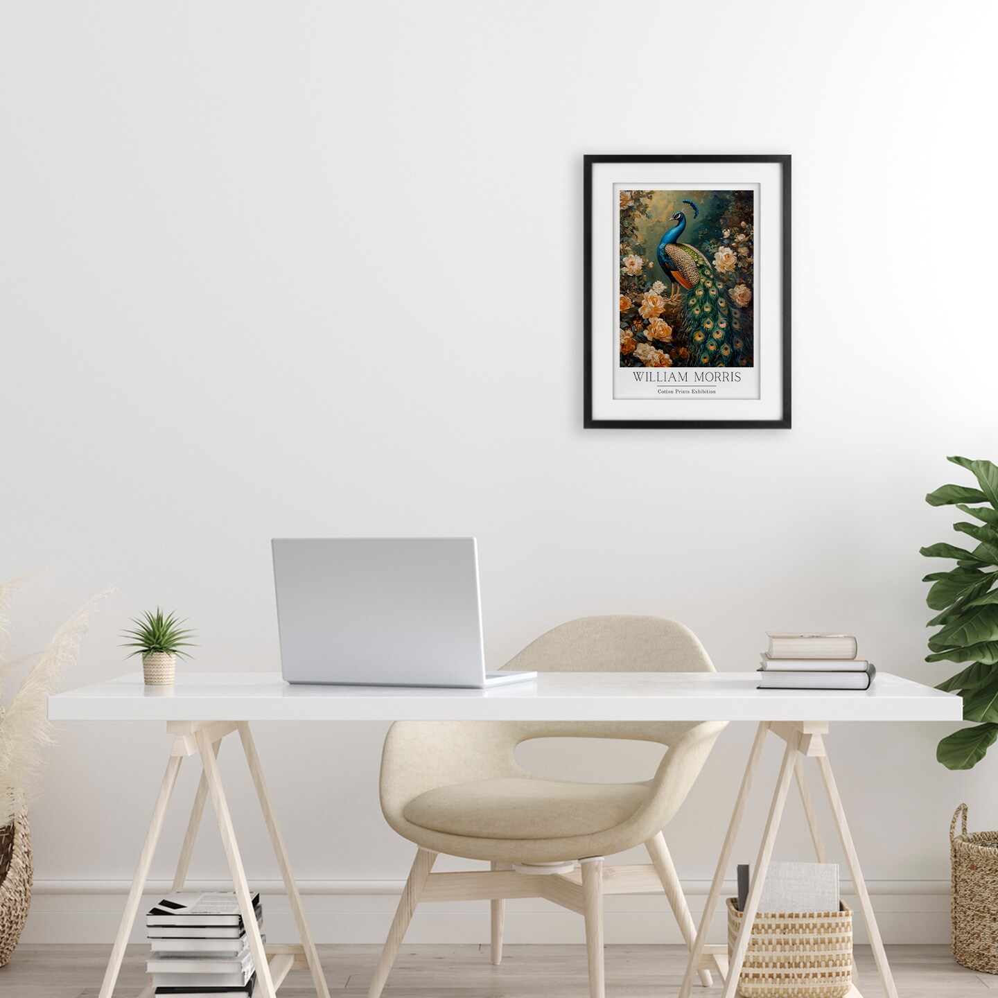 Vintage Morris Inspired Blue Peacock Framed Print Under Glass Art