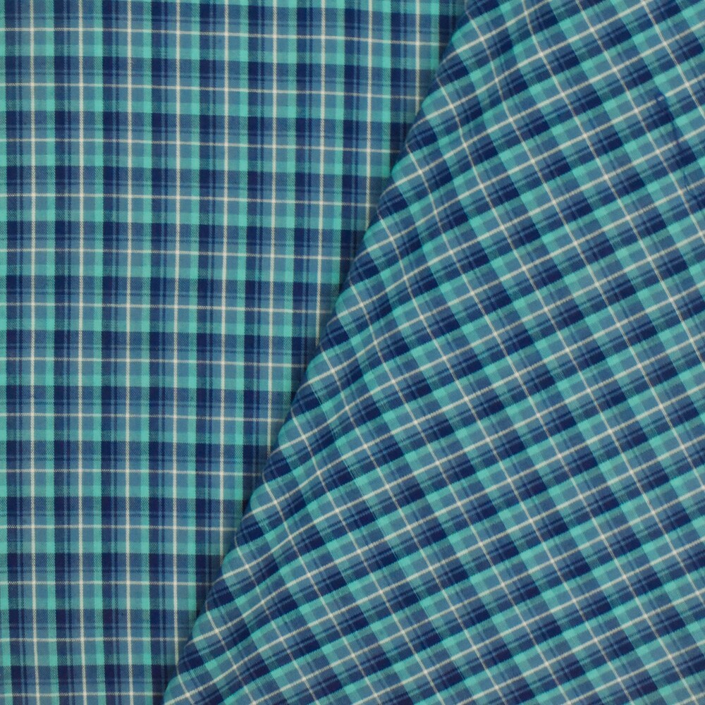 Navy Blue-Teal-Multi Plaid Cotton-Polyester Madras Woven Fabric By the Yard