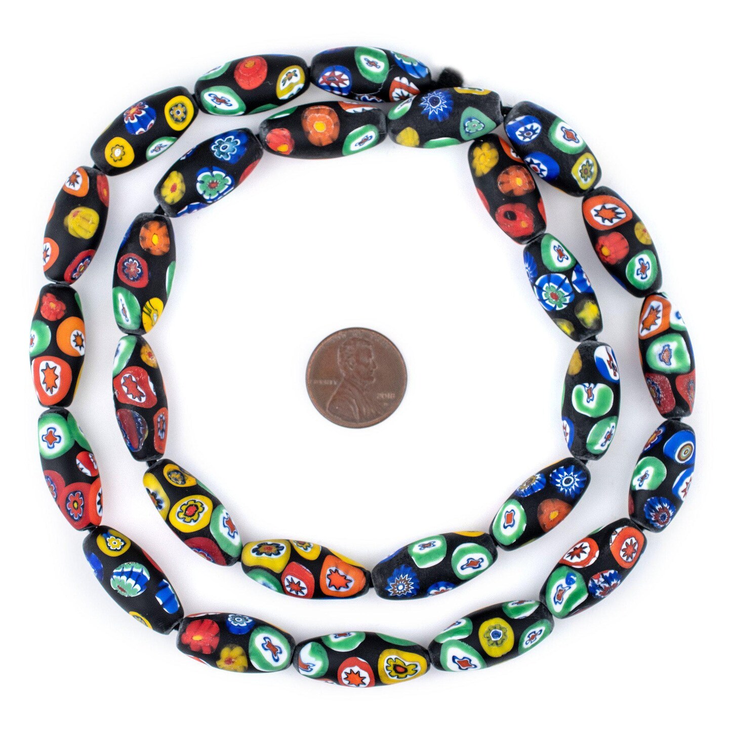 The Bead Chest Premium Matte Oval Millefiori Beads 22x10mm Multicolor Glass Large Hole 24 Inch Strand