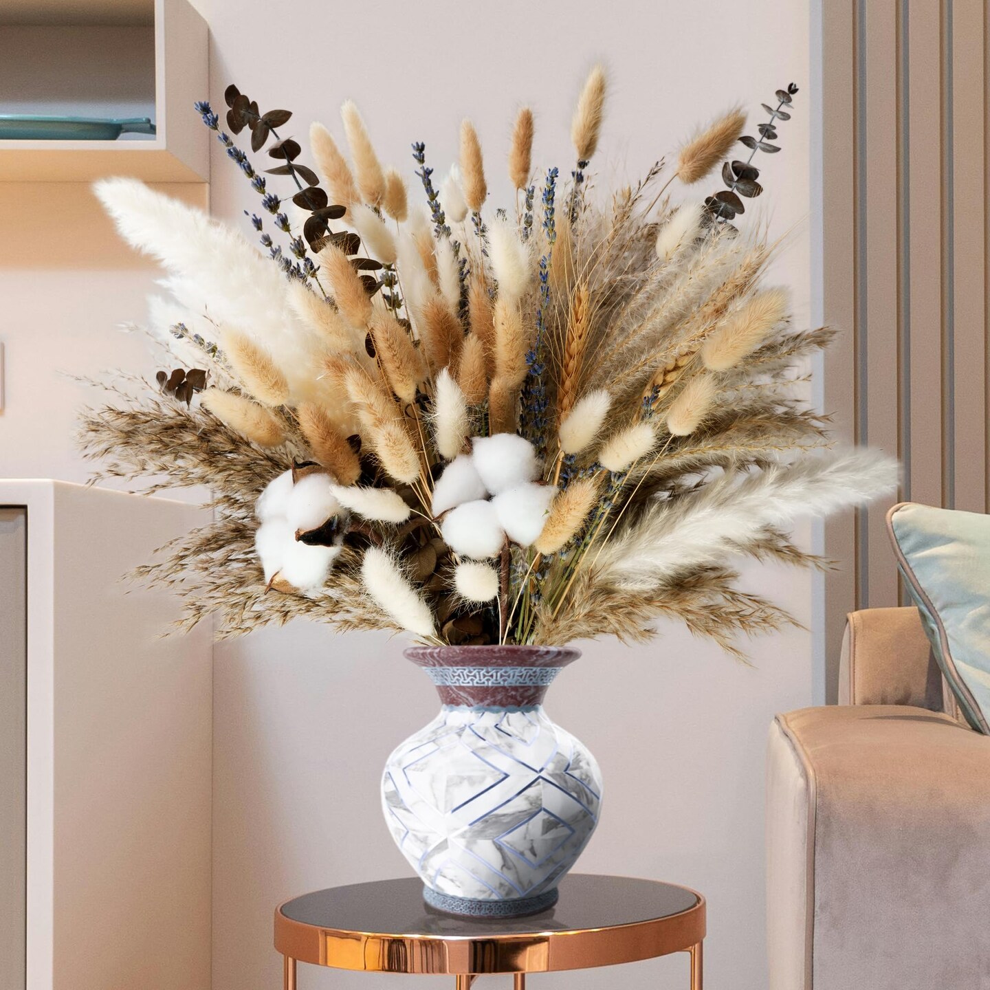 Natural Dried Flower Bouquet - Pampas Grass, Cotton Stems, Bunny Tails, Eucalyptus, Lavender & Wheat - Rustic Boho Decor for Home, Fall Decorations for Home, Wedding, or Gift