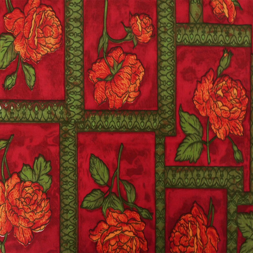 Cherry Red-Green-Multi Floral Frame Printed Cotton Sateen Fabric By the Yard