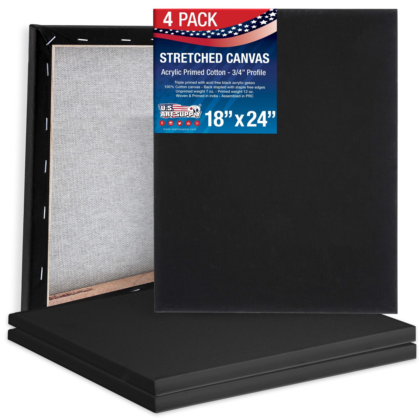 18 x 24 inch Black Stretched Canvas 12-Ounce Primed, 4-Pack - Professional Artist Quality 3/4&#x22; Profile, 100% Cotton, Heavy-Weight, Gesso