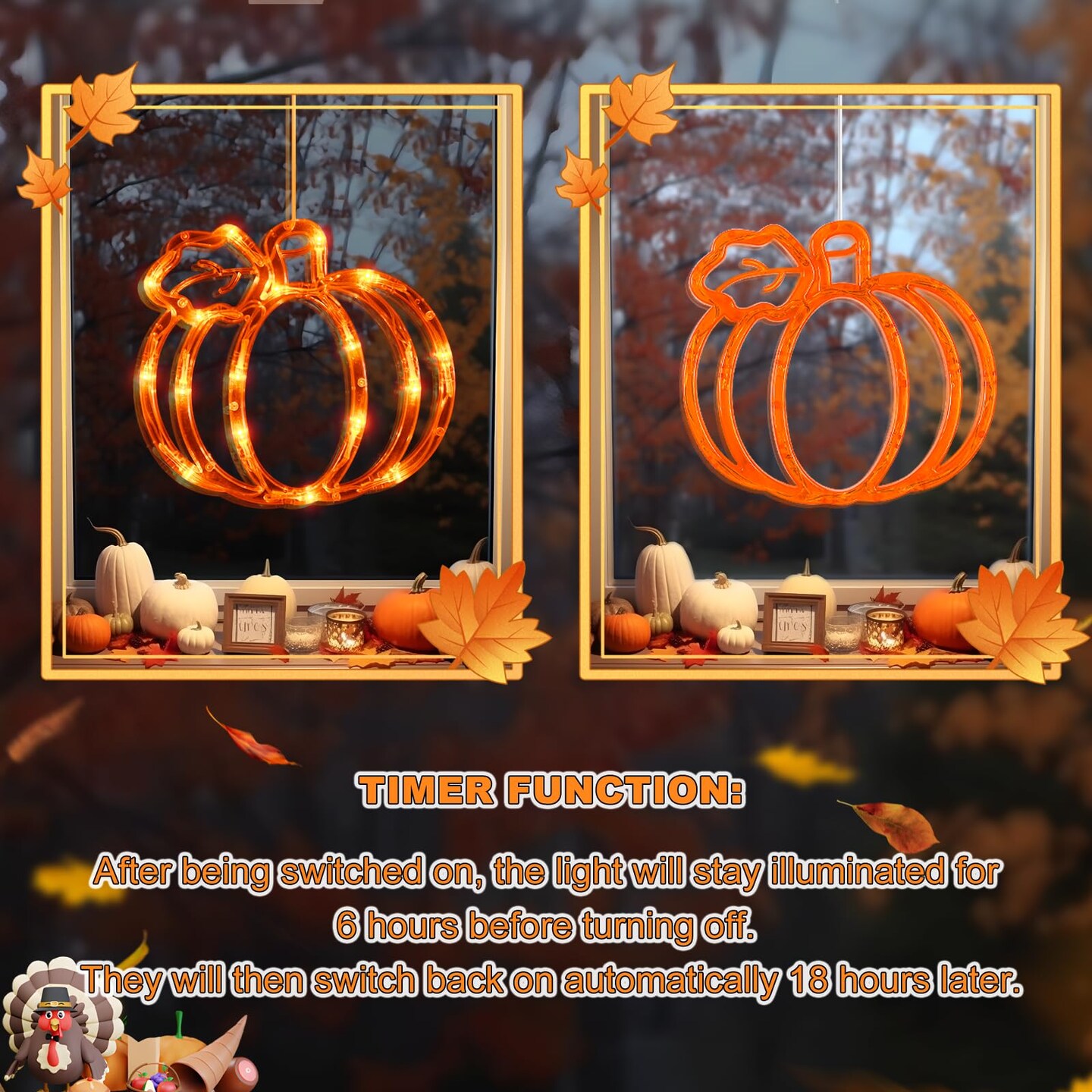 Fall Decor Window Lights 2025 Thanksgiving Decorations Acorn Maple Leaves Pumpkin LED Lights with Suction Cups Battery Operated(Exclusive) Slow Fade Mode Timer Autumn Decorations for Home