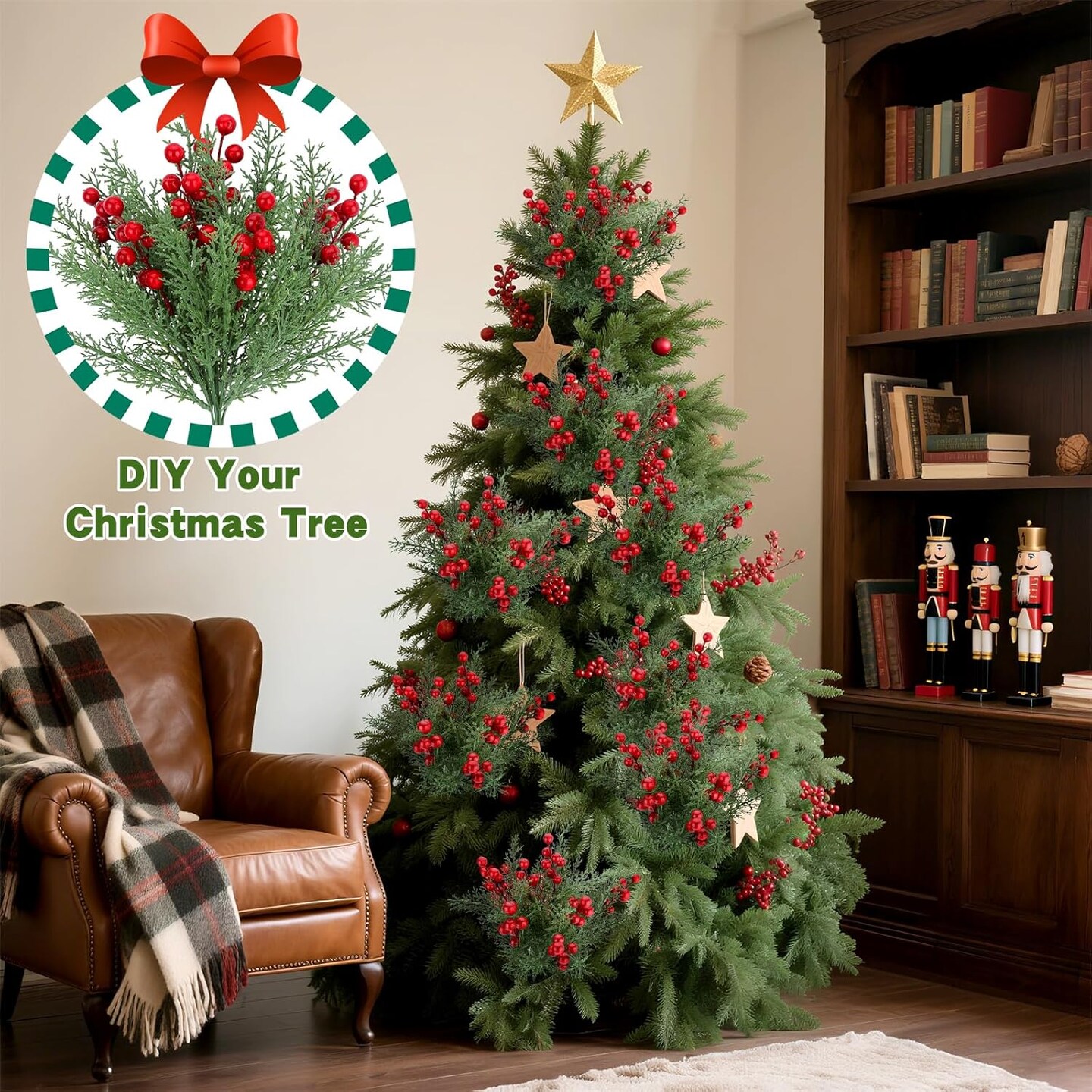 4 Bundles Artificial Christmas Flowers with Red Berry Stems (Green, Red) 7&#x22;D x 9.84&#x22;W x 15&#x22;H