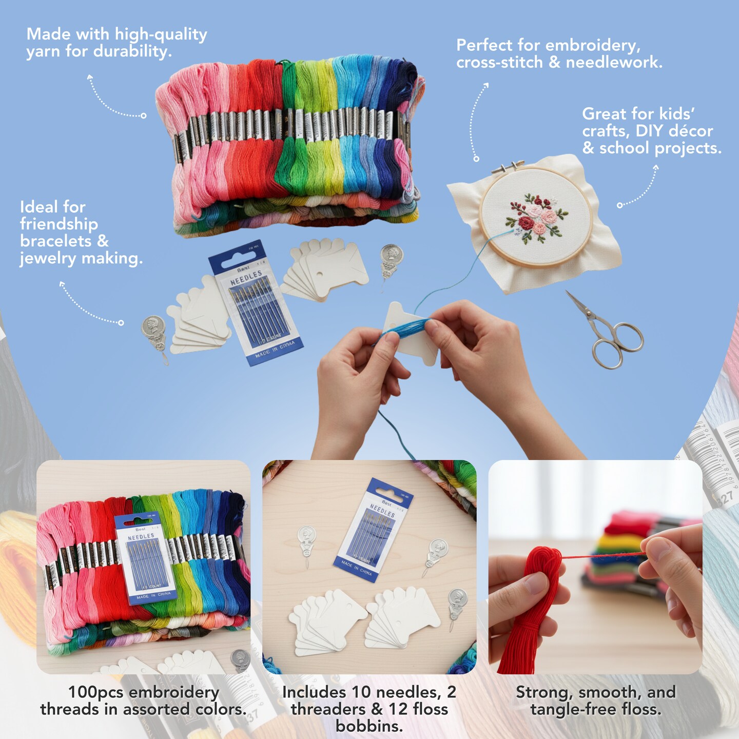 Incraftables Embroidery Thread for Bracelets 100pcs. Embroidery Floss for Friendship Bracelets String Making. Embroidery Floss Kit w/ Needles, Threaders &#x26; Yarn Tools. Best Cross Stitch Rainbow Skeins