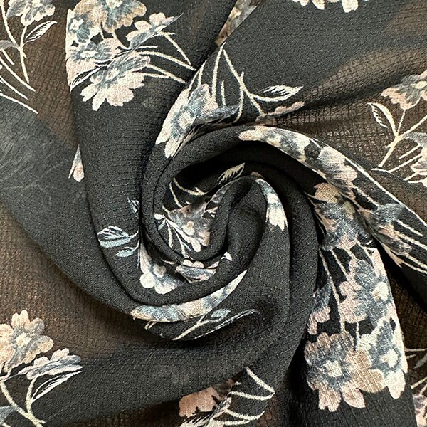 Black Floral Print Ripstop Look Poly Chiffon Fabric By the Yard