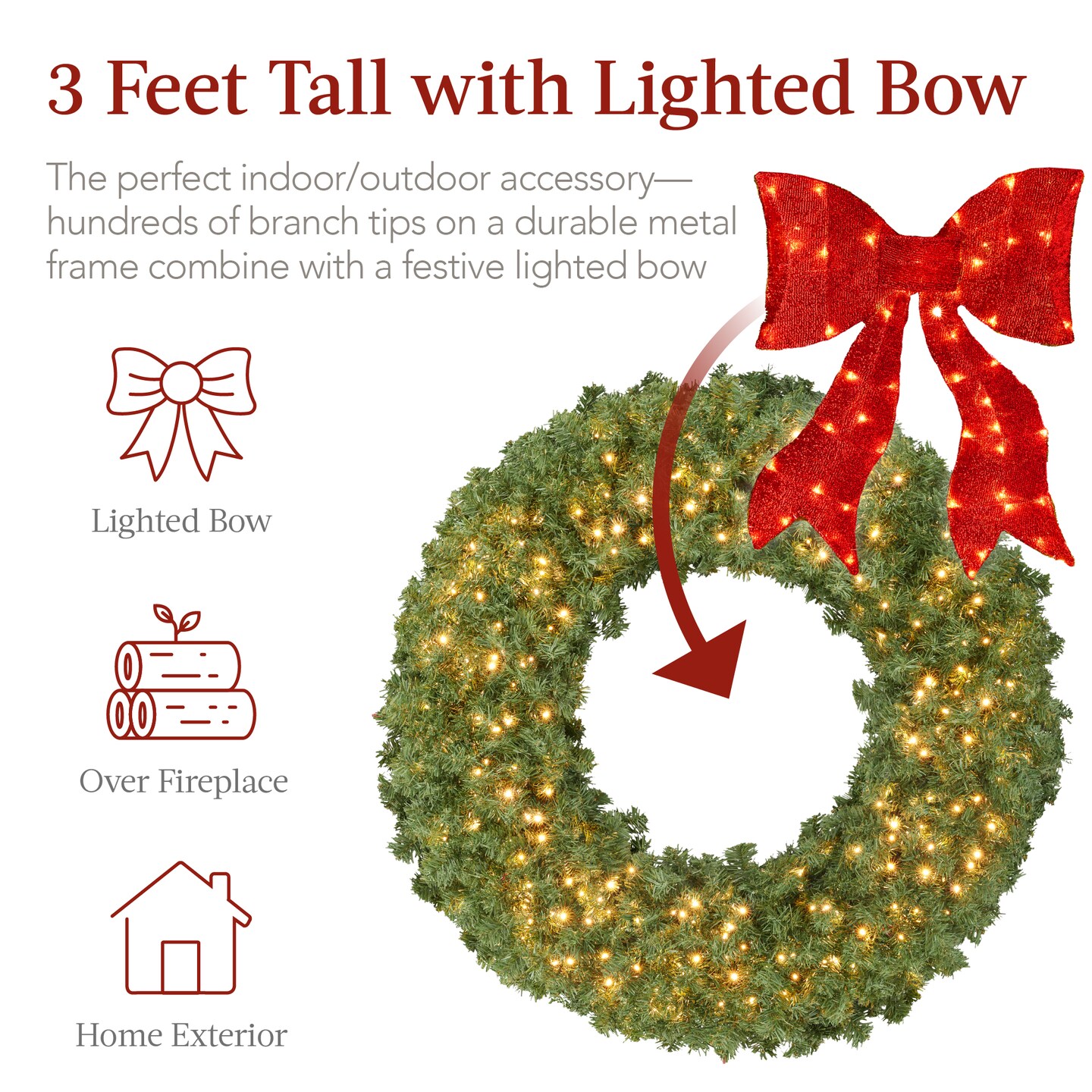 Best Choice Products Artificial Pre-Lit Fir Christmas Wreath D&#xE9;cor w/ Red Bow, LED Lights, Tips, Plug-In