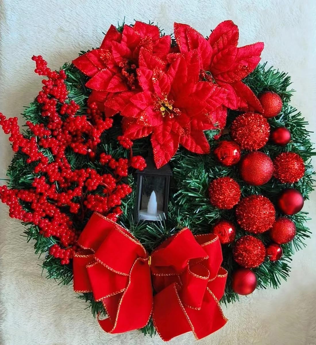 Pre-Lit Christmas Wreath With Lights (Red) 4"D x 17.6"W x 17.6"H