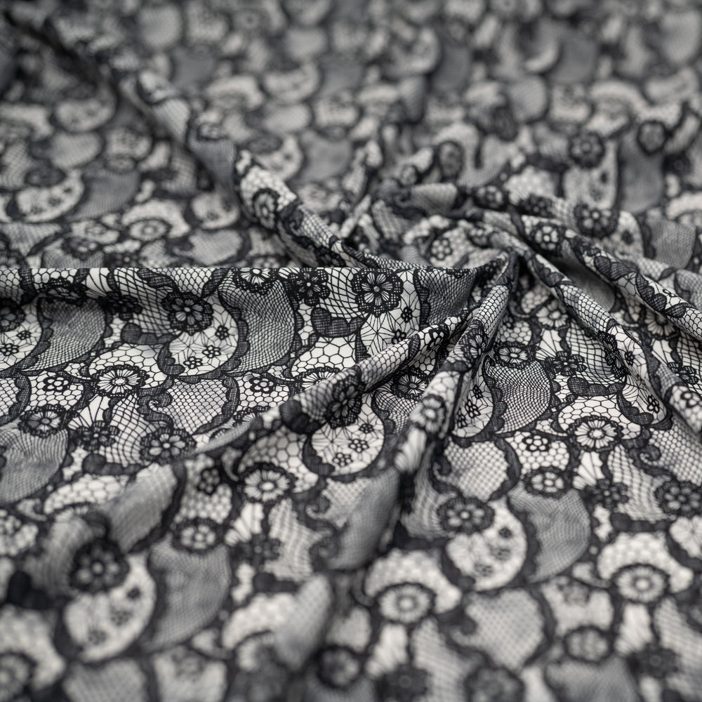 1 Yard Black Paisley Lace Pattern on White Printed Spandex Fabric 4-Way Stretch Nylon Blend 55/56 Width