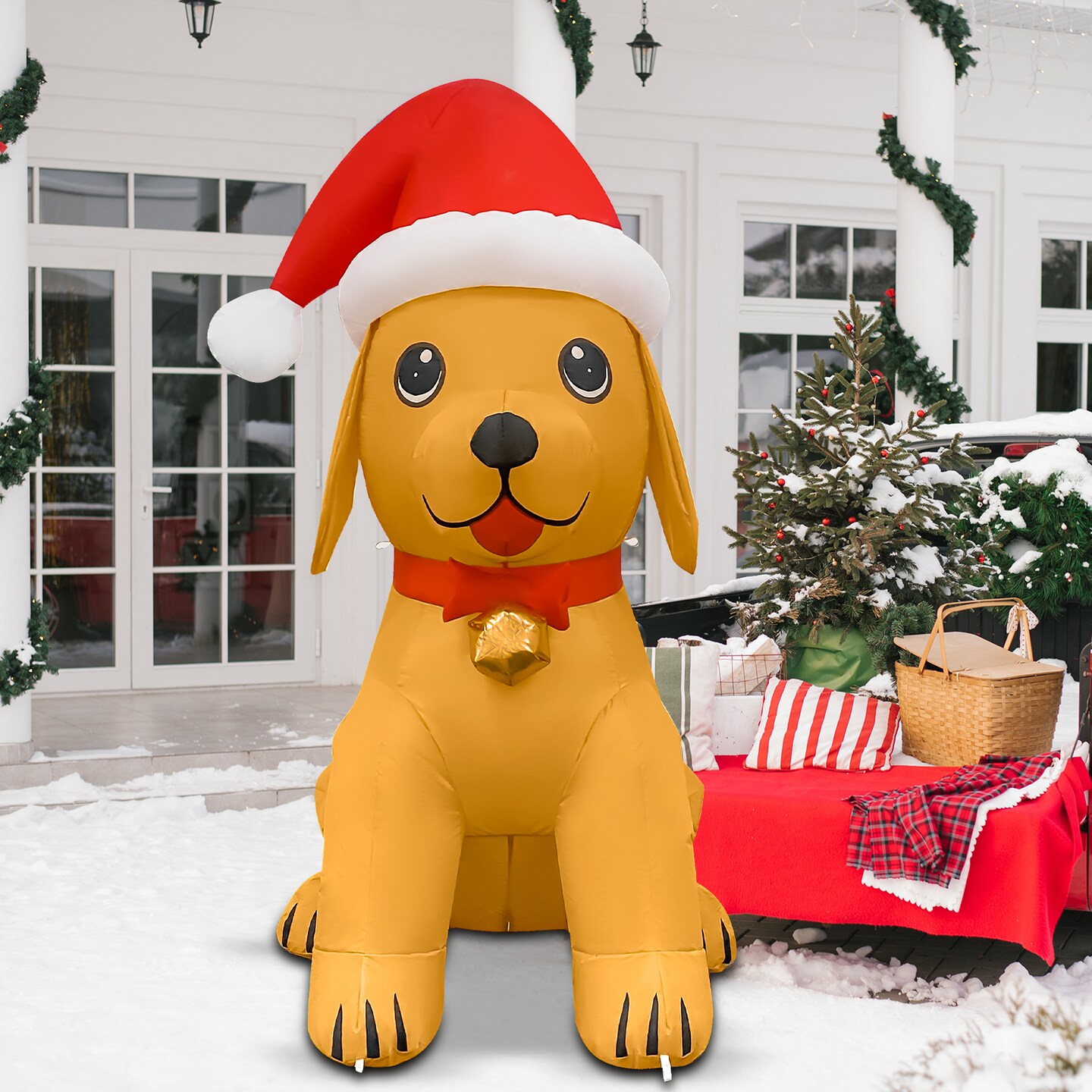 GOOSH 5.2FT Christmas Golden Puppy Inflatable with Santa Hat and LED Lights