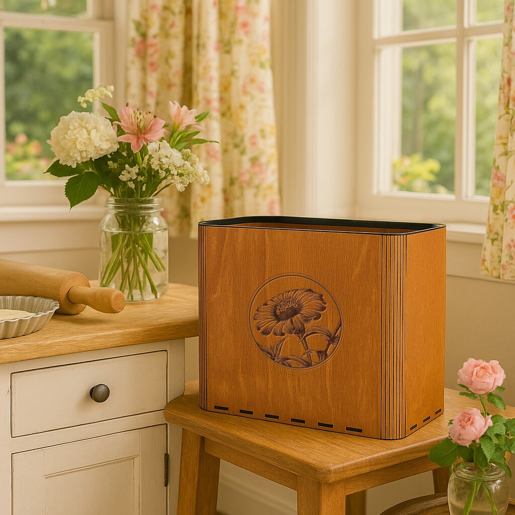 Slim Wood Trash Can - with Engraved Zinnia or Peony Flower