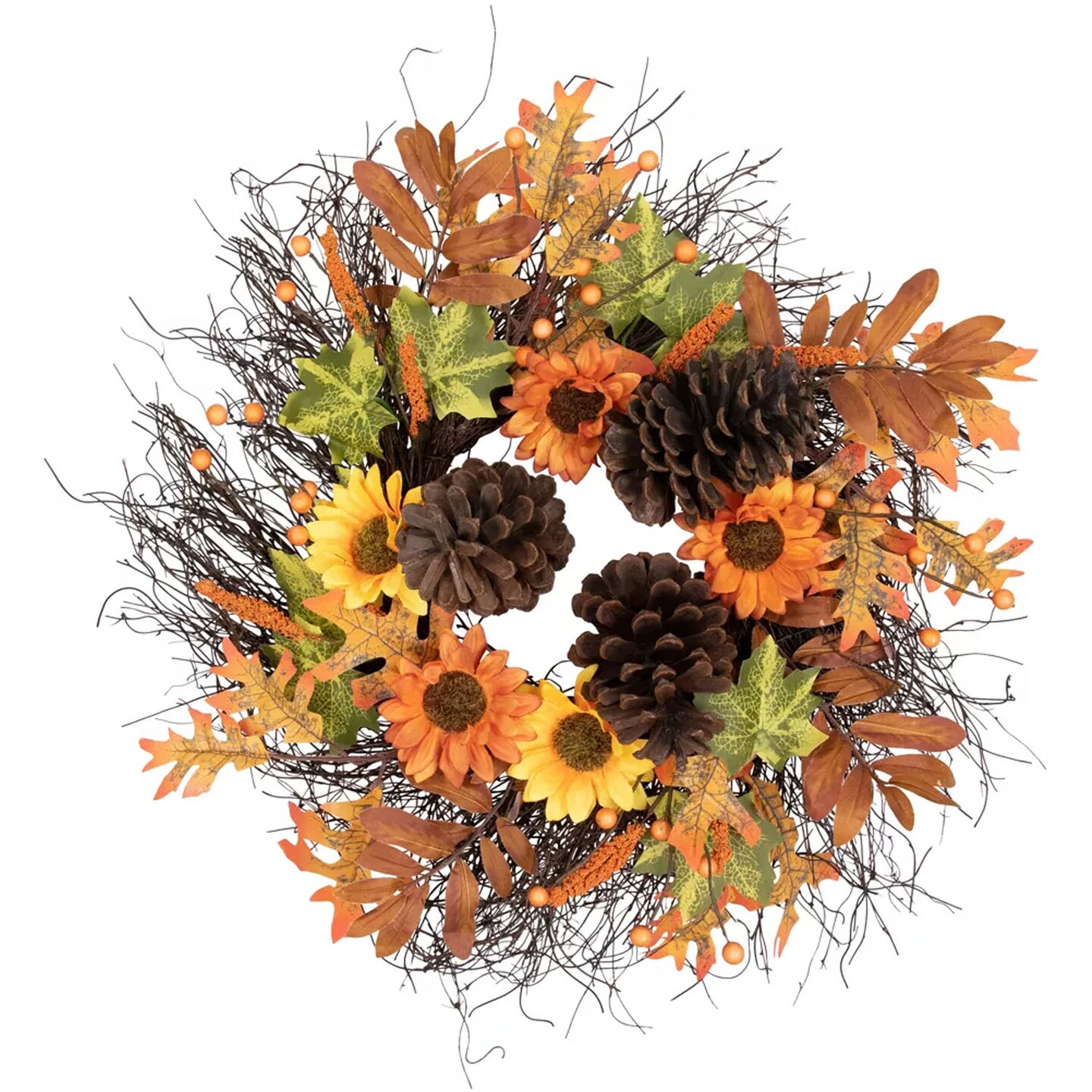 24 Inch Sunflowers and Pinecones Artificial Fall Harvest Twig Wreath ...