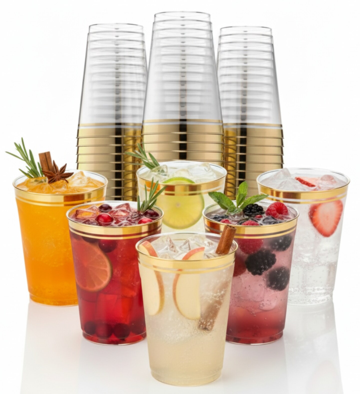 100 Pk 12 oz Clear Plastic Cups | Gold Rimmed Disposable Cups